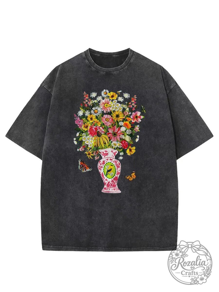 Vintage Botanical Floral Vase Washed Cotton Short Sleeve T-Shirt