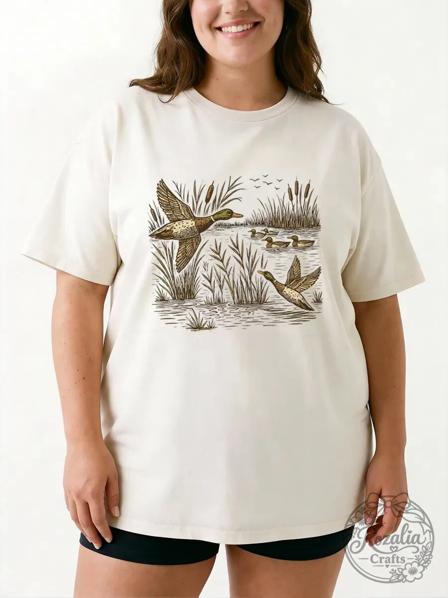 Vintage Flying Ducks in Pond Graphic Oversized T-Shirt 1 Vintage Flying Ducks in Pond Graphic Oversized T-Shirt