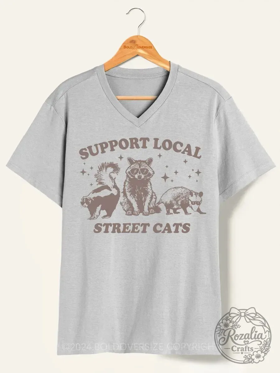 Support Local Street Cats Raccoon Skunk Opossum V-Neck T-Shirt