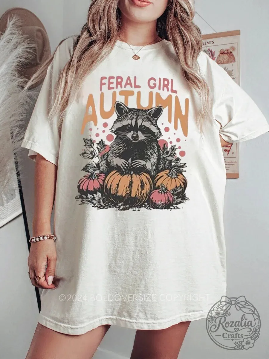 Feral Girl Autumn Raccoon and Pumpkins Graphic T-Shirt