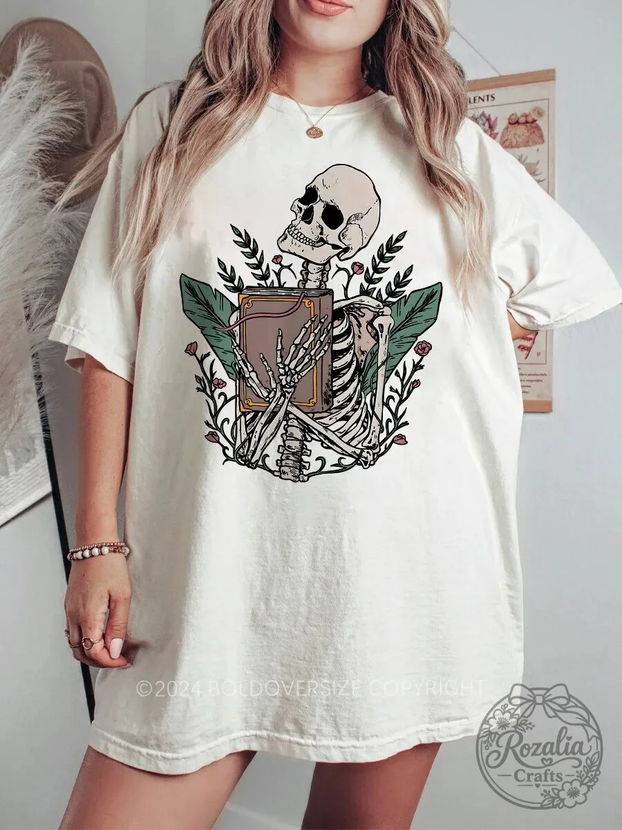 Vintage Skeleton Reading Book Floral Botanical Graphic T-Shirt