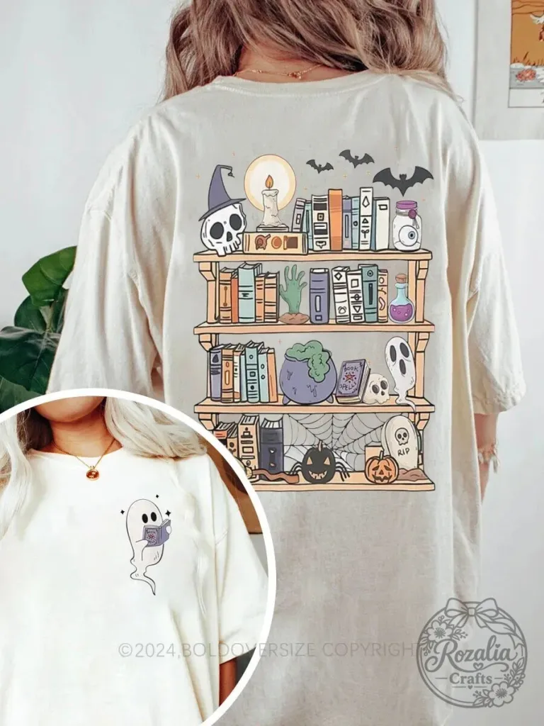 Halloween Spooky Bookshelf Ghost Reading Book Witchy Graphic T-Shirt