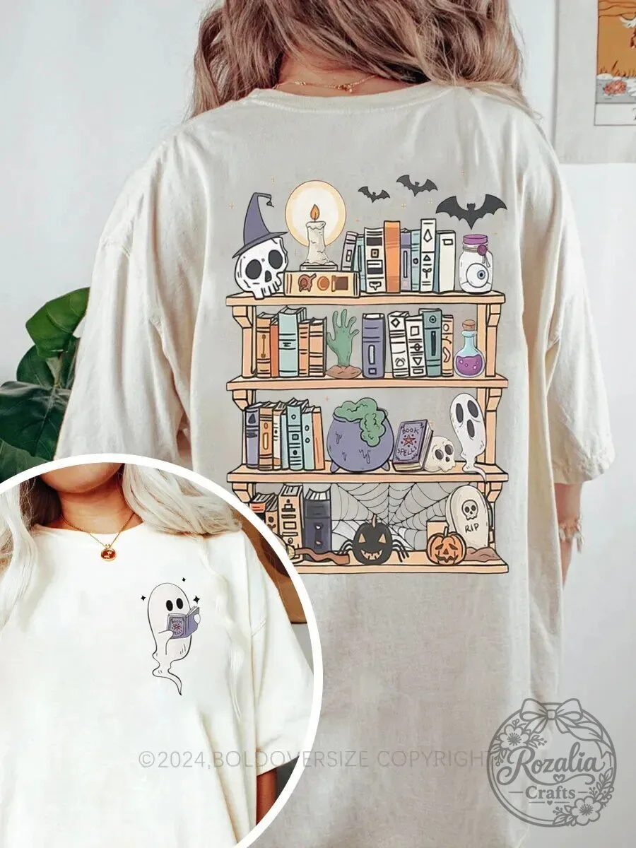 Halloween Spooky Bookshelf Ghost Reading Book Witchy Graphic T-Shirt