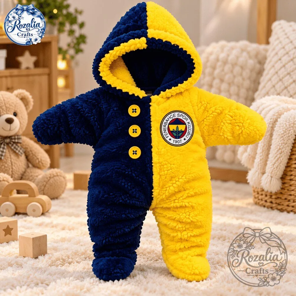 Fenerbahce Baby Sherpa Snowsuit Navy Yellow Cute Hooded Romper