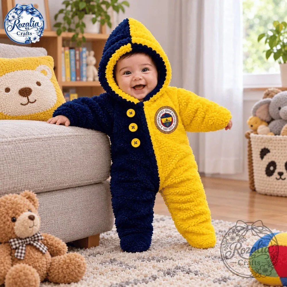 Fenerbahce Baby Sherpa Snowsuit Navy Yellow Cute Hooded Romper 9 Fenerbahce Baby Sherpa Snowsuit Navy Yellow Cute Hooded Romper